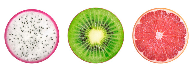 Fruit collection - halves of pitahaya, kiwi and grapefruit on isolated white background. Tropical fruits.