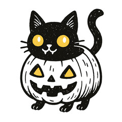 Fototapeta premium A creepy-cute black cat wearing a carved pumpkin as a helmet with a wide grin and glowing eyes. This Halloween cartoon doodle is perfect for spooky season merch and kawaii lovers.