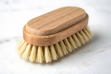 Eco Friendly Wooden Scrub Brush with Natural Bristles on Marble Surface