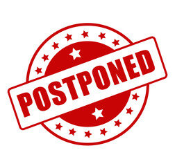 Postponed red rubber stamp with bold delayed message and official reschedule label design isolated on white background