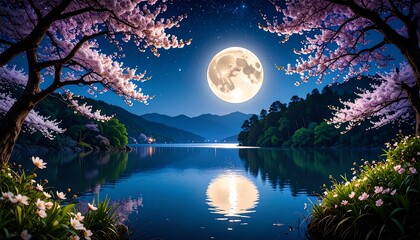 Serene moonlit lake, framed by blossoming trees, reflecting a full moon in calm waters, mountains in background