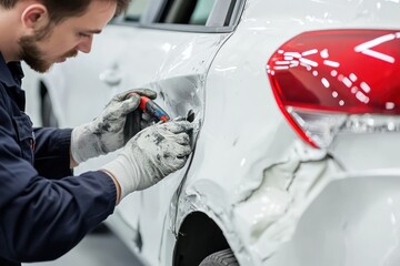 Mechanic repairing white car in auto shop