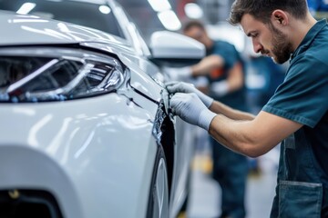 Mechanic repairing white car in auto shop