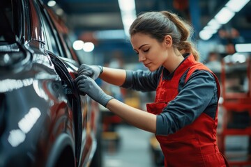 Woman mechanic works on SUV body damage