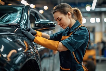 Woman mechanic works on SUV body damage