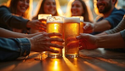 Friends toast with cold beer glasses filled with lager and ale. Frothy yellow liquid in pints glows with golden light. People celebrate outdoors at sunset pub with bubbly beverages.