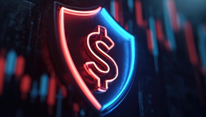 A glowing neon dollar sign encased within a protective shield, set against a dynamic background of financial data represented by fluctuating lines