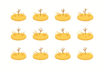 Illustration of multiple small grass and plant growth stages on dirt clumps