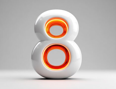 A three-dimensional, white number eight with an inner orange glow, set against a neutral gray background
