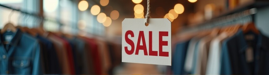 Sale sign hanging from a clothes rack in a store