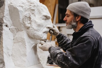 Artist sculpting stone in studio workspace