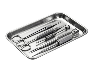 Surgical instruments on metal tray isolated on a transparent background medical tools