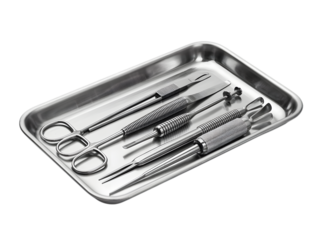 Surgical instruments on metal tray isolated on a transparent background medical tools