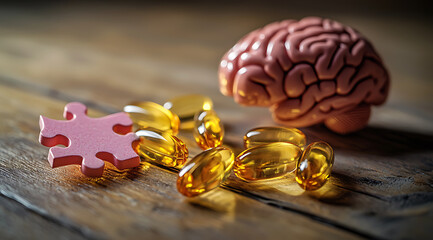 Human brain model with omega-3 fish oil capsules and jigsaw puzzle piece on a rustic wooden surface symbolizing cognitive health support