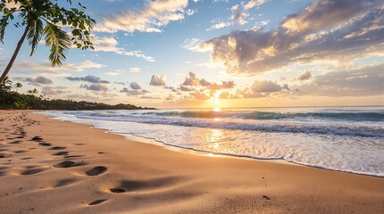 Obraz premium Golden sunrise illuminates a tropical beach with gentle waves and palm trees, leaving footprints on sand.