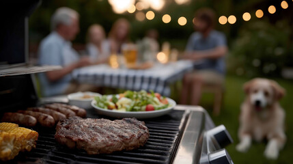 Joyful backyard barbecue scene at golden hour with diverse friends and family enjoying grilled meats, salads, and drinks in a cozy suburban setting under string lights,summer bbq gathering, suburban 