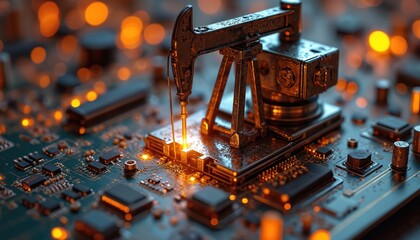 Cybernetic oil extraction concept. Oil pump jack on circuit board with glowing components. Fusion of energy, technology, industry, digital future. Modern innovation, complex machine systems,