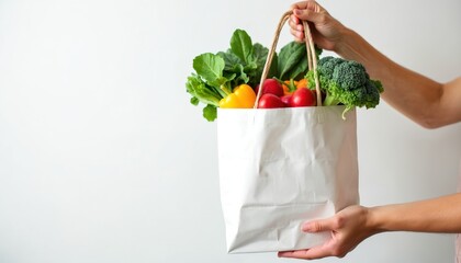 Hands hold white paper bag brimming with fresh vegetables like broccoli, bell peppers, radishes. Promote healthy eating, sustainable shopping, organic produce. Ideal for grocery delivery, food blogs,