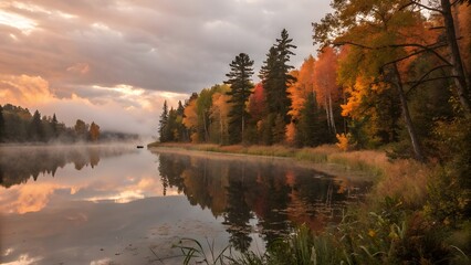 Obraz premium Autumn Reflections A serene lake scene with fall foliage and morning mist