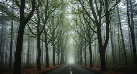 Serene foggy forest road lined with tall trees, leading to a mysterious light in the distance