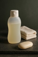 A close-up shot of a bottle of liquid soap, a bar of soap, and a folded towel arranged on a dark background, perfect for cosmetic and hygiene product themes.