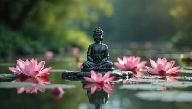 Buddha statue sits in meditation on water surrounded by pink lotus flowers. Serene scene reflects Buddhist themes, Vesak festival, spiritual enlightenment. Soft bokeh background enhances peaceful - Powered by Adobe