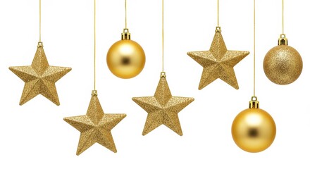 Fototapeta premium Hanging golden Christmas stars and baubles on white.