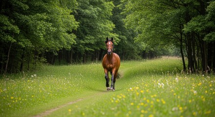 A brown horse galloping along a lush green path surrounded by trees and wildflowers in spring