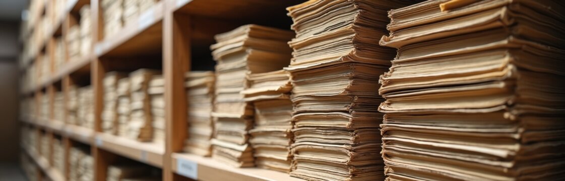 Rows of aged paper documents fill wooden shelves in an archive room. Stacks of files and paperwork suggest extensive records management, historical research, and business organization.