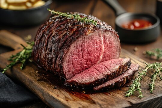 Boneless eye round roast on wooden board - Powered by Adobe