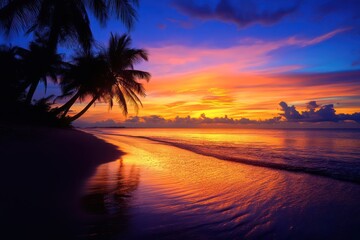 Vibrant sunset over ocean waves and wet sand