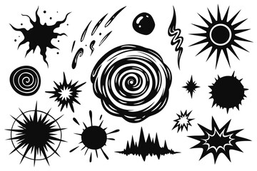 Dynamic collection of abstract explosion shapes and stylized bursts perfect for comic books, graphic design, and energetic visual themes
