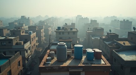 Rooftop water containers in a dense residential area
