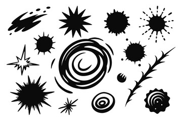 Dynamic collection of abstract black ink splatters, starbursts, and organic shapes perfect for adding energetic flair to modern designs and creative projects