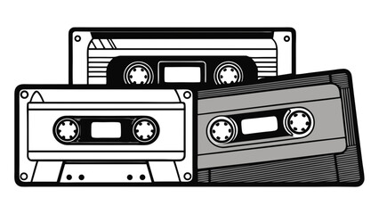 Fototapeta premium Set of vintage VHS cassette tapes in black and white, isolated on white background, grainy texture, retro style illustration