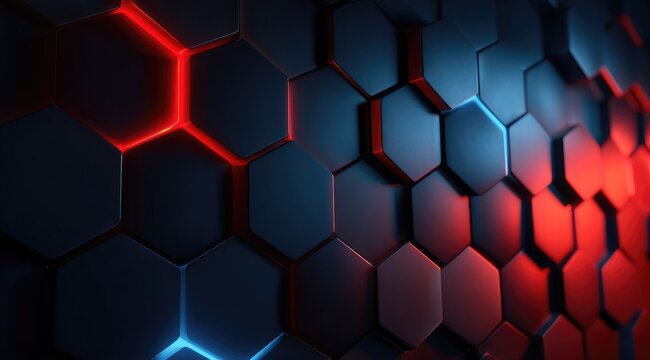 Abstract dark hexagon pattern with red and blue glowing accents