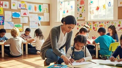 Dedicated teacher guiding student in classroom in world teachers day teacher appreciation week celebration