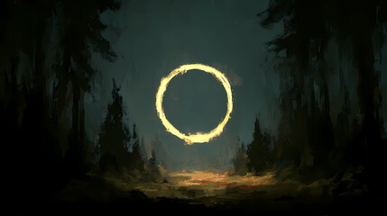 Fototapeta premium Surreal forest scene featuring a neon ring, casting ethereal reflections and soft illumination through tree trunks and undergrowth.
