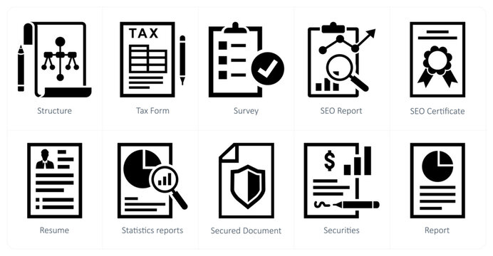 A set of 10 mix icons as structure, tax form, survey