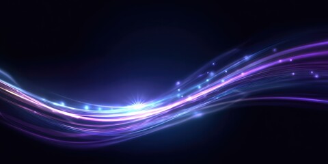 Glowing purple and blue light streaks curve across a dark background