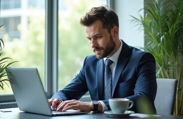 Pro businessman in dark blue suit works on laptop at desk. Focused on computer screen, with cup of coffee, potted plant nearby. Office setting features large windows with plants visible outside.