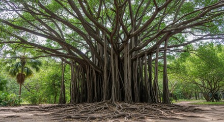 Majestic banyan tree with sprawling roots and lush green canopy in a serene park setting