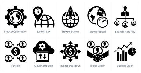 A set of 10 mix icons as browser optimization, business law, browser startup