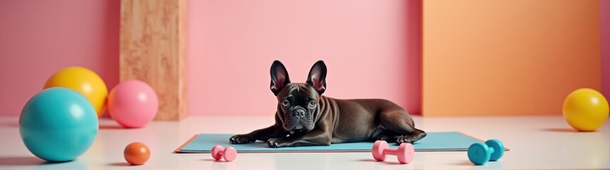Dog that is laying on a mat with dumbs