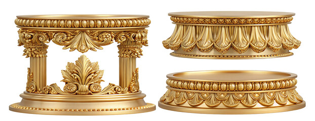 Ornate golden pedestals with intricate decorative designs featuring classical motifs and elements