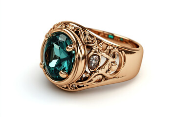 Stunning vintage-inspired rose gold ring featuring a vibrant oval teal gemstone and intricate filigree details
