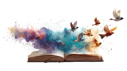 Colorful Birds Flying from Open Vintage Book