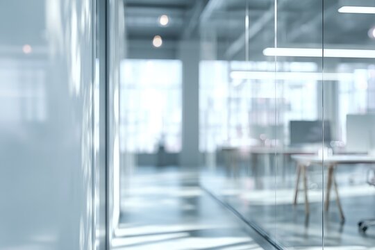 Blurred view of a modern, minimalist office space with glass partitions and natural light
