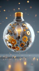 Glowing Lightbulb with Gold Gears Inside Glass Orb
