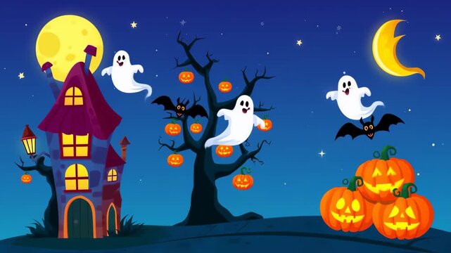 Halloween background with haunted house and ghost, illustration